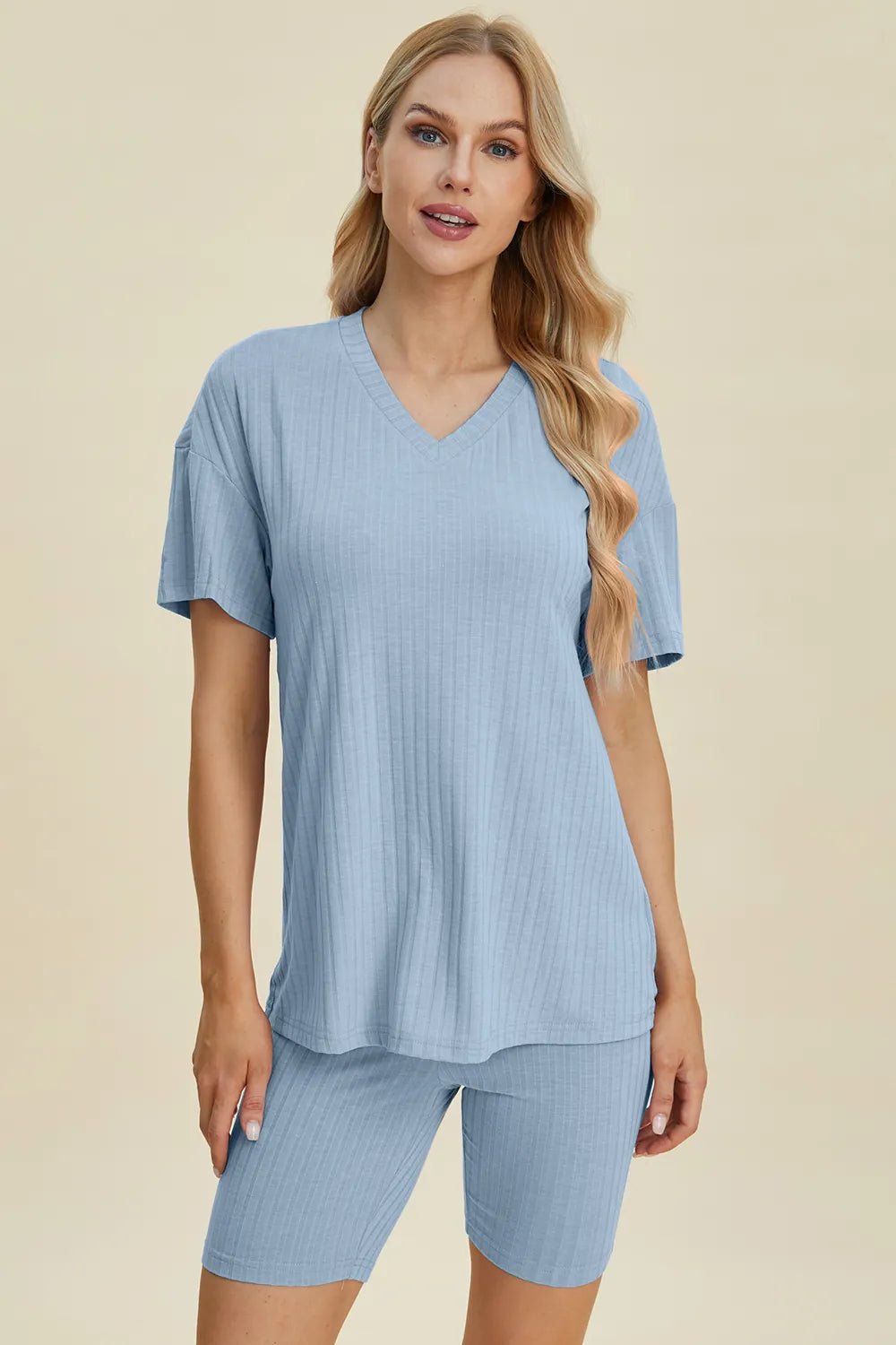 Basic Bae Full Size Ribbed V-Neck Short Sleeve Top and Shorts Set - Rooted & Reckless Co.