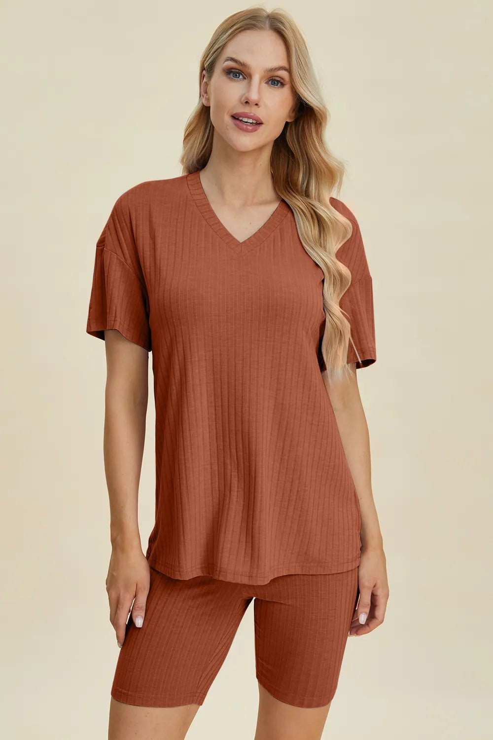 Basic Bae Full Size Ribbed V-Neck Short Sleeve Top and Shorts Set - Rooted & Reckless Co.