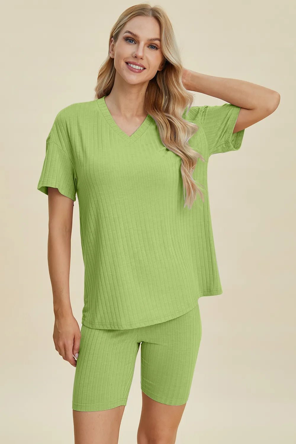 Basic Bae Full Size Ribbed V-Neck Short Sleeve Top and Shorts Set - Rooted & Reckless Co.