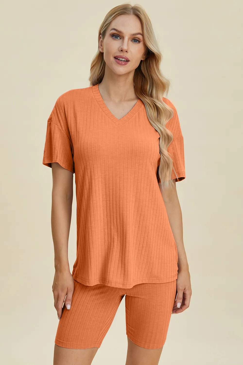 Basic Bae Full Size Ribbed V-Neck Short Sleeve Top and Shorts Set - Rooted & Reckless Co.