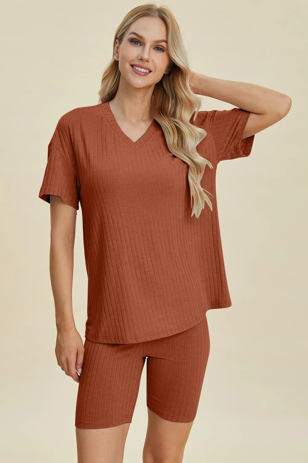 Basic Bae Full Size Ribbed V-Neck Short Sleeve Top and Shorts Set - Rooted & Reckless Co.