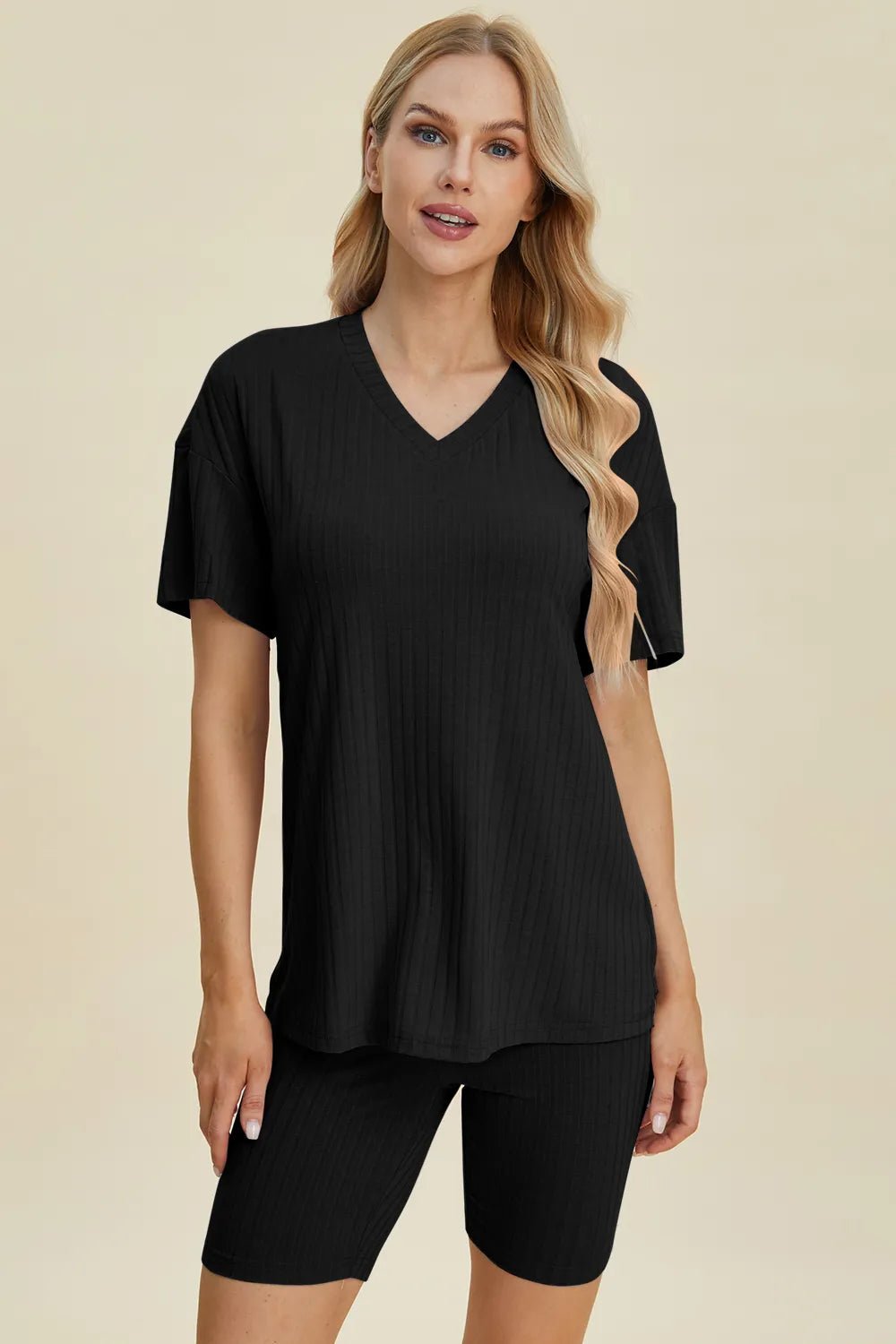 Basic Bae Full Size Ribbed V-Neck Short Sleeve Top and Shorts Set - Rooted & Reckless Co.