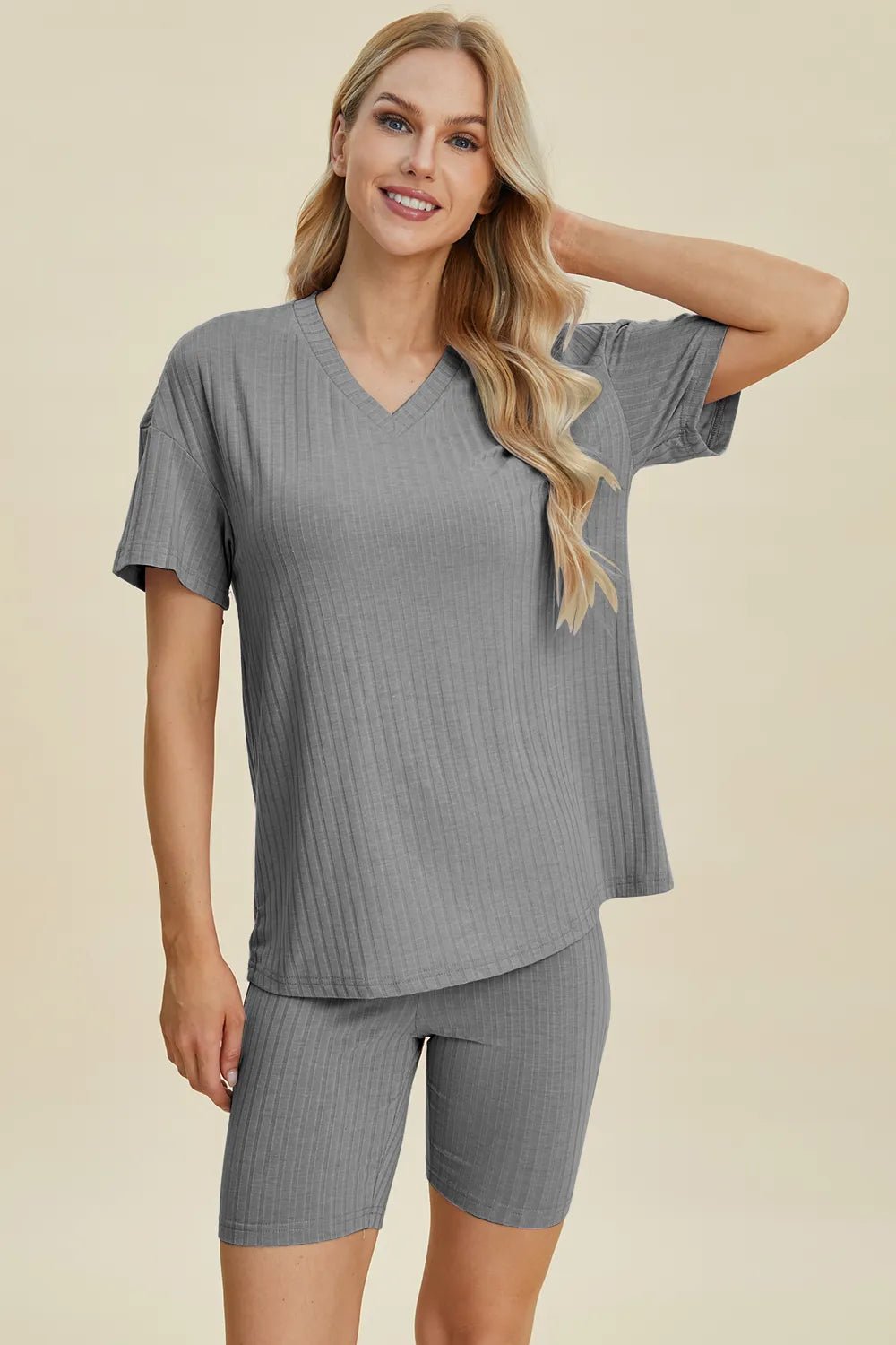 Basic Bae Full Size Ribbed V-Neck Short Sleeve Top and Shorts Set - Rooted & Reckless Co.