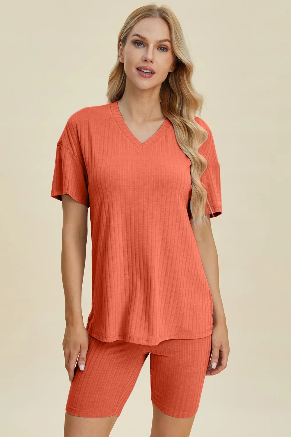 Basic Bae Full Size Ribbed V-Neck Short Sleeve Top and Shorts Set - Rooted & Reckless Co.