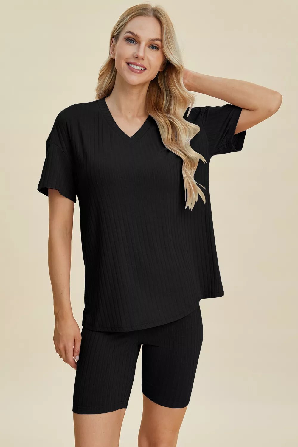 Basic Bae Full Size Ribbed V-Neck Short Sleeve Top and Shorts Set - Rooted & Reckless Co.
