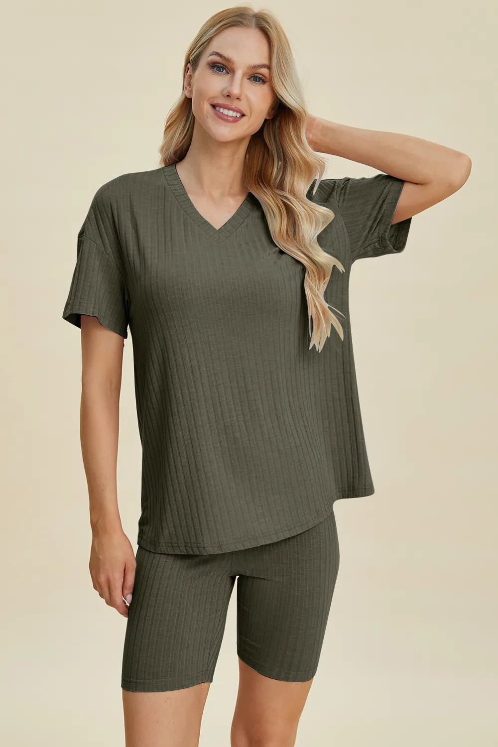 Basic Bae Full Size Ribbed V-Neck Short Sleeve Top and Shorts Set - Rooted & Reckless Co.