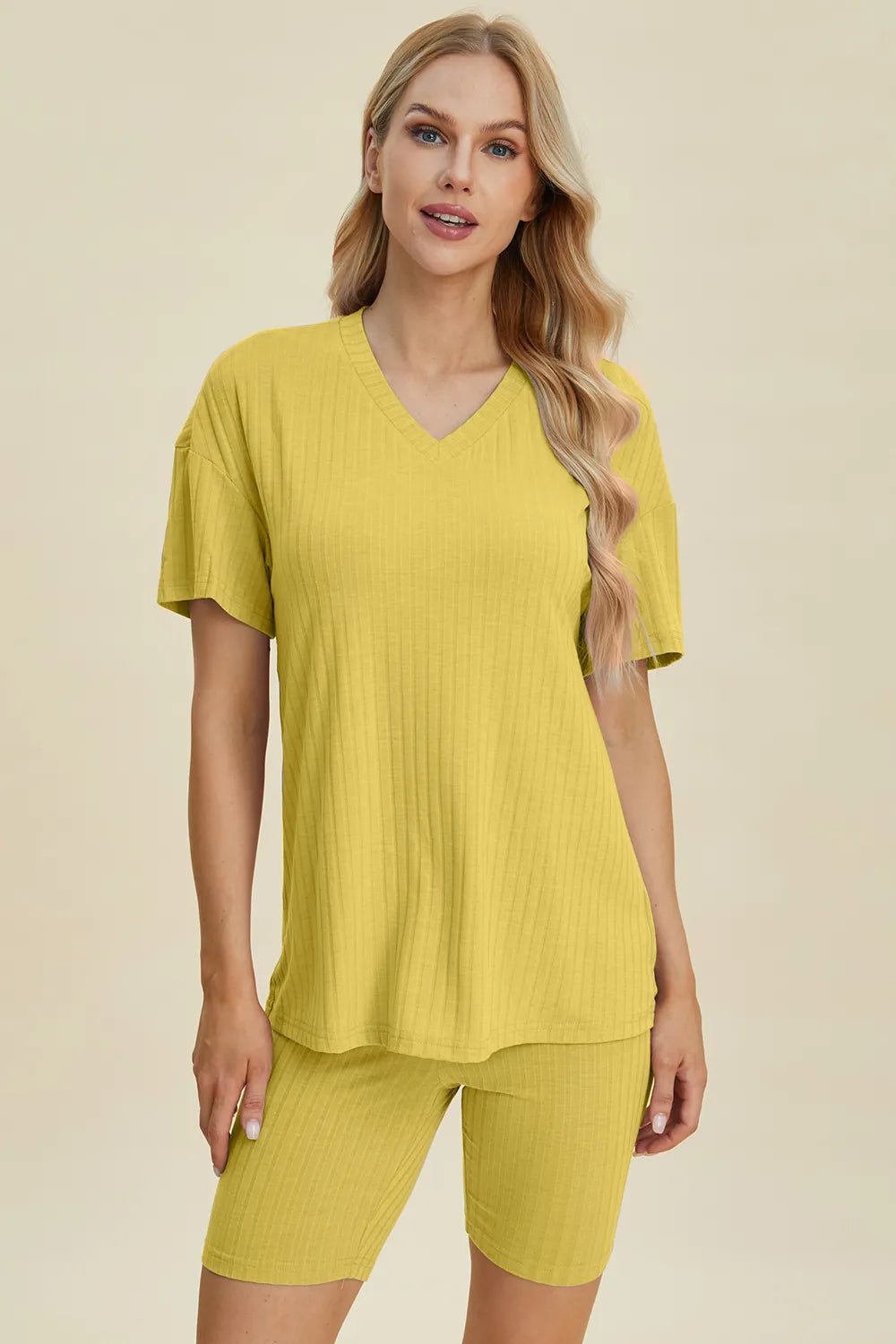 Basic Bae Full Size Ribbed V-Neck Short Sleeve Top and Shorts Set - Rooted & Reckless Co.
