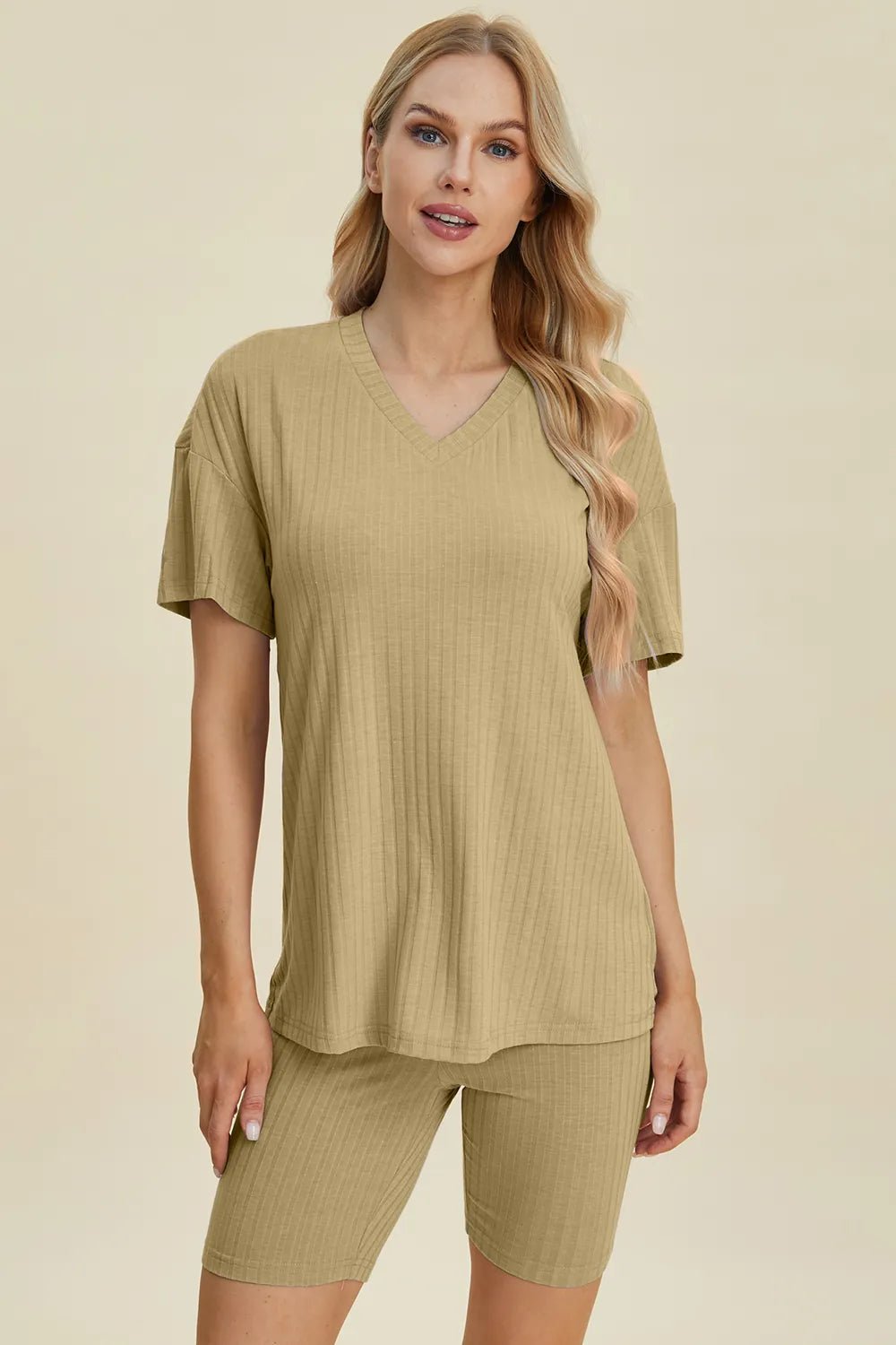 Basic Bae Full Size Ribbed V-Neck Short Sleeve Top and Shorts Set - Rooted & Reckless Co.