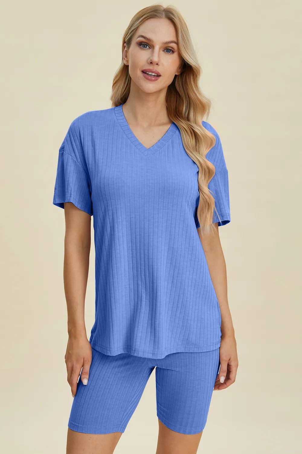Basic Bae Full Size Ribbed V-Neck Short Sleeve Top and Shorts Set - Rooted & Reckless Co.