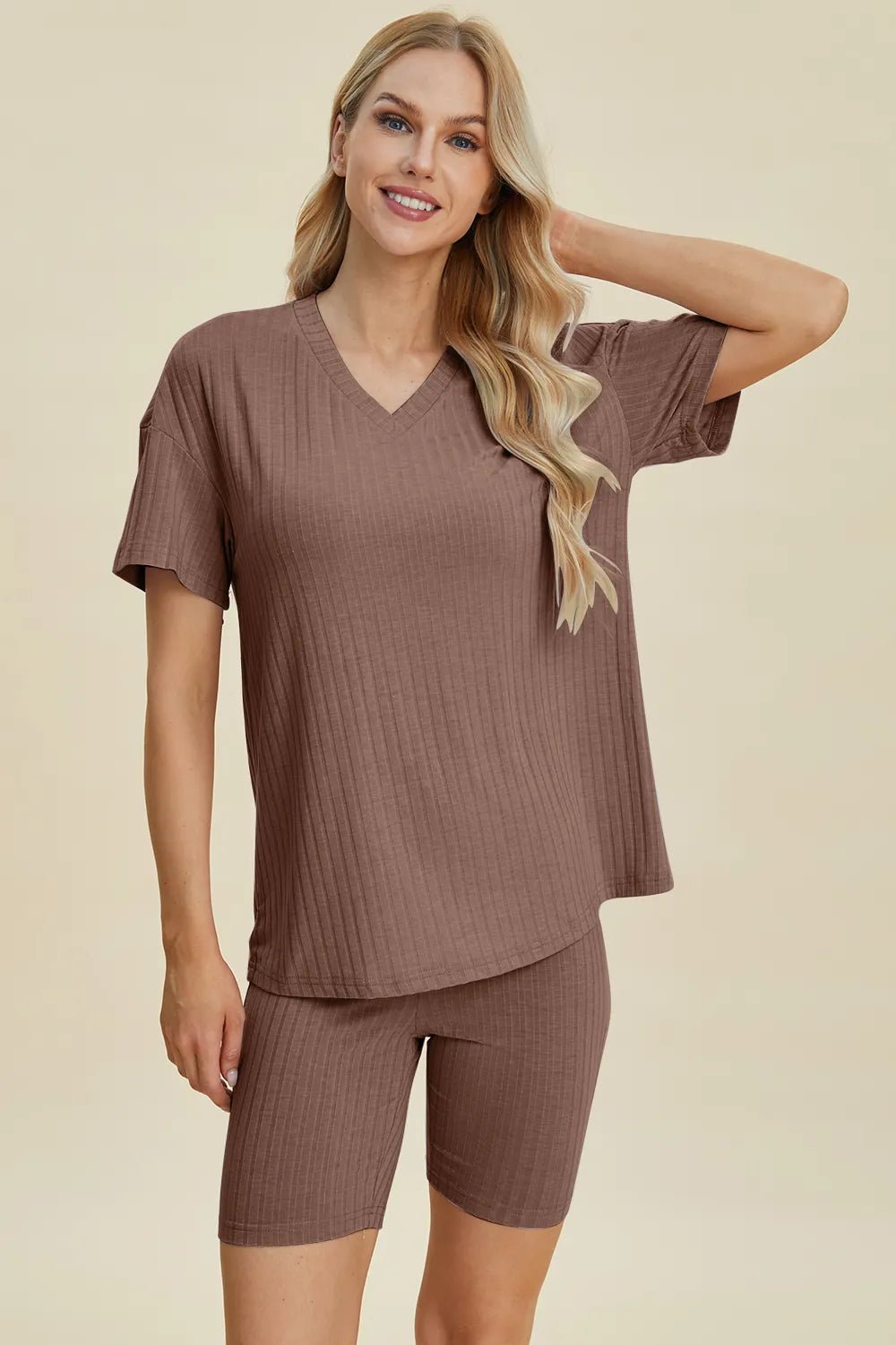 Basic Bae Full Size Ribbed V-Neck Short Sleeve Top and Shorts Set - Rooted & Reckless Co.