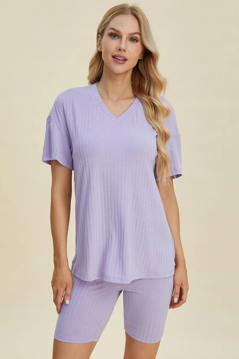 Basic Bae Full Size Ribbed V-Neck Short Sleeve Top and Shorts Set - Rooted & Reckless Co.