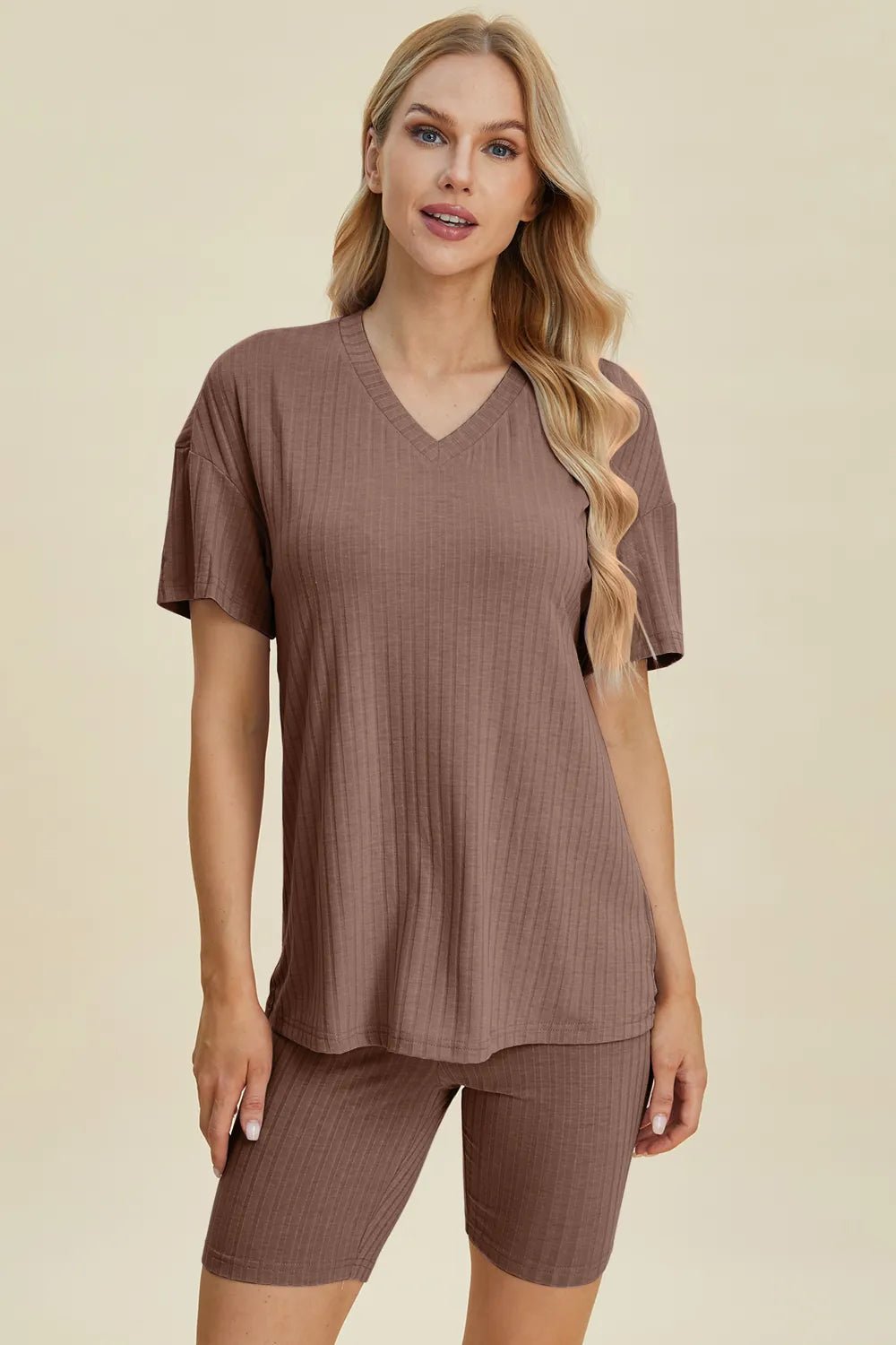 Basic Bae Full Size Ribbed V-Neck Short Sleeve Top and Shorts Set - Rooted & Reckless Co.