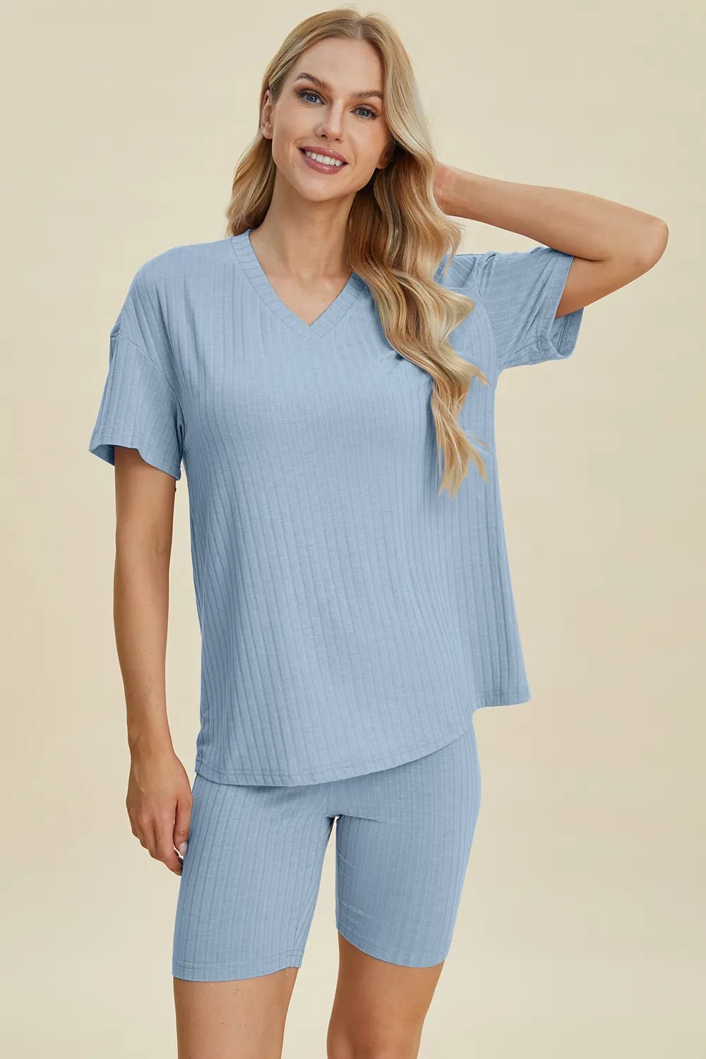 Basic Bae Full Size Ribbed V-Neck Short Sleeve Top and Shorts Set - Rooted & Reckless Co.