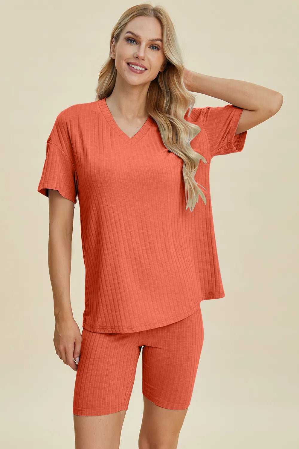 Basic Bae Full Size Ribbed V-Neck Short Sleeve Top and Shorts Set - Rooted & Reckless Co.