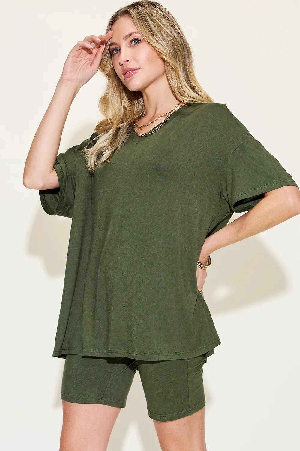Basic Bae Full Size V-Neck Drop Shoulder T-Shirt and Shorts Set - Rooted & Reckless Co.