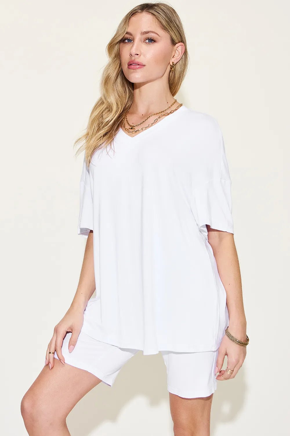 Basic Bae Full Size V-Neck Drop Shoulder T-Shirt and Shorts Set - Rooted & Reckless Co.