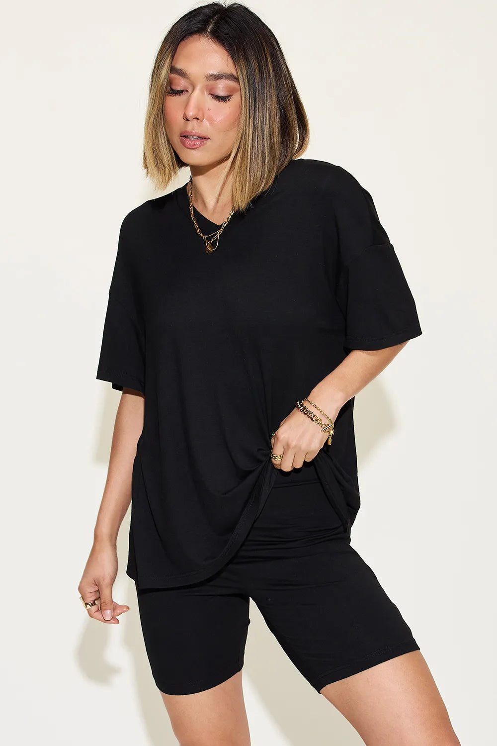 Basic Bae Full Size V-Neck Drop Shoulder T-Shirt and Shorts Set - Rooted & Reckless Co.