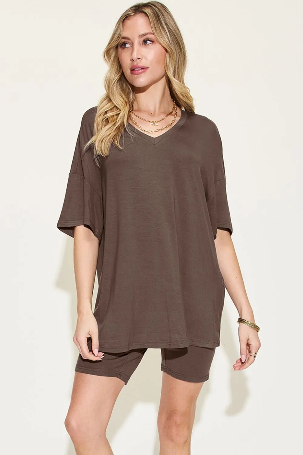 Basic Bae Full Size V-Neck Drop Shoulder T-Shirt and Shorts Set - Rooted & Reckless Co.