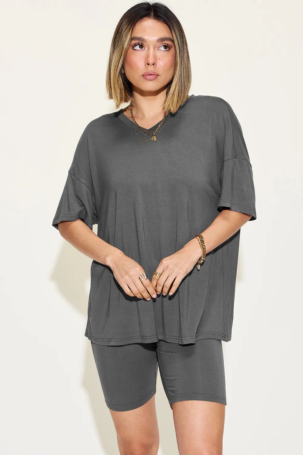 Basic Bae Full Size V-Neck Drop Shoulder T-Shirt and Shorts Set - Rooted & Reckless Co.