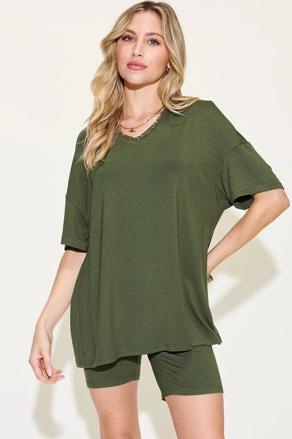 Basic Bae Full Size V-Neck Drop Shoulder T-Shirt and Shorts Set - Rooted & Reckless Co.