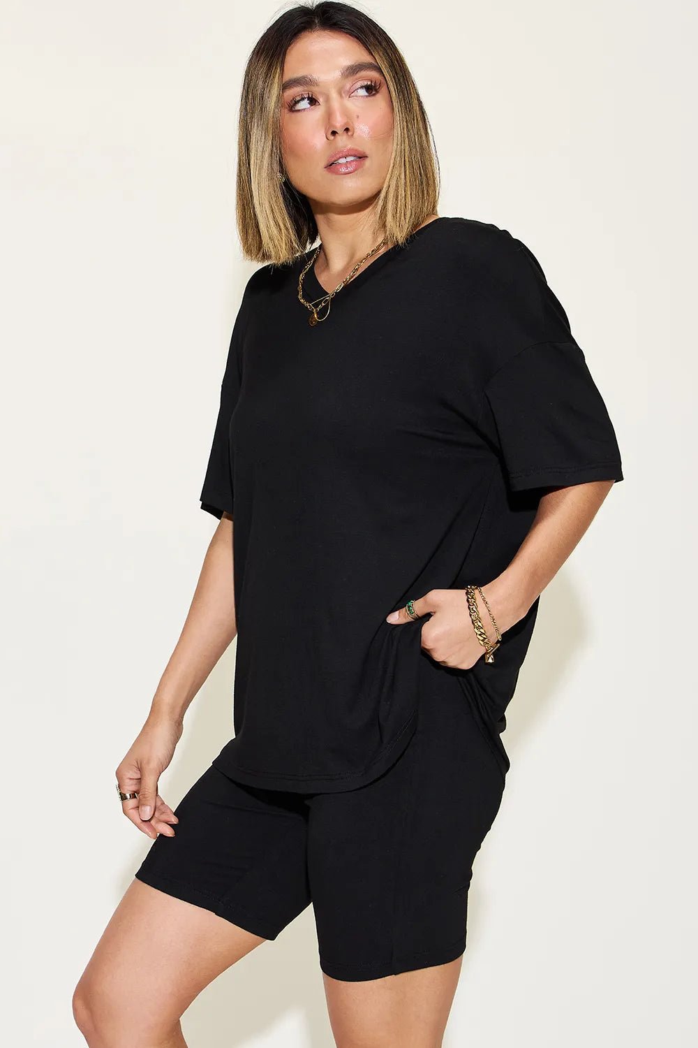 Basic Bae Full Size V-Neck Drop Shoulder T-Shirt and Shorts Set - Rooted & Reckless Co.