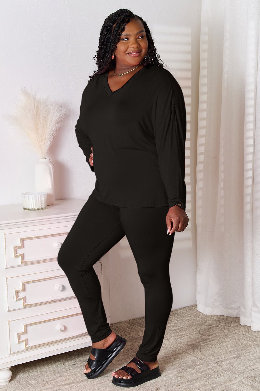 Basic Bae Full Size V-Neck Soft Rayon Long Sleeve Top and Pants Lounge Set - Rooted & Reckless Co.