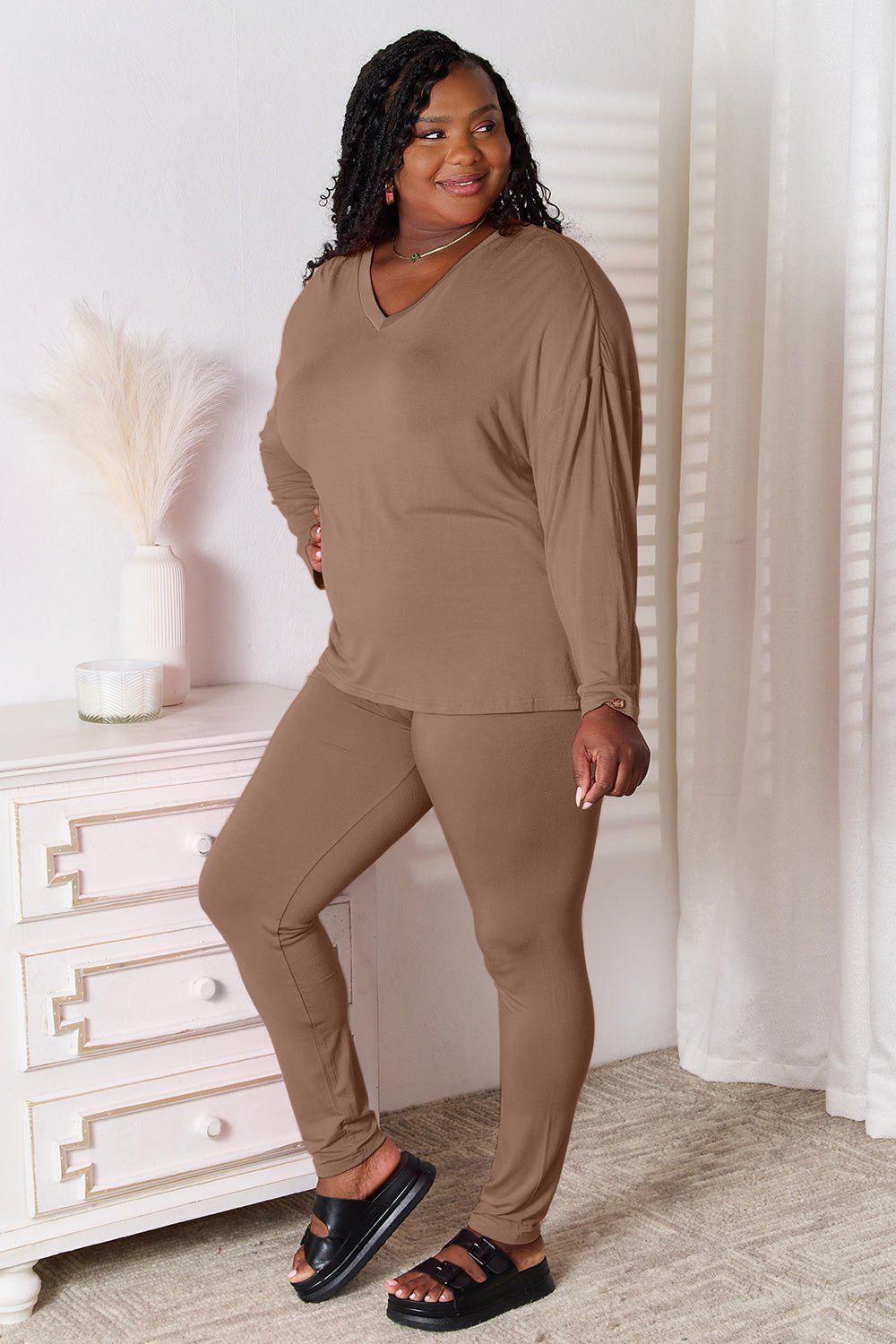Basic Bae Full Size V-Neck Soft Rayon Long Sleeve Top and Pants Lounge Set - Rooted & Reckless Co.