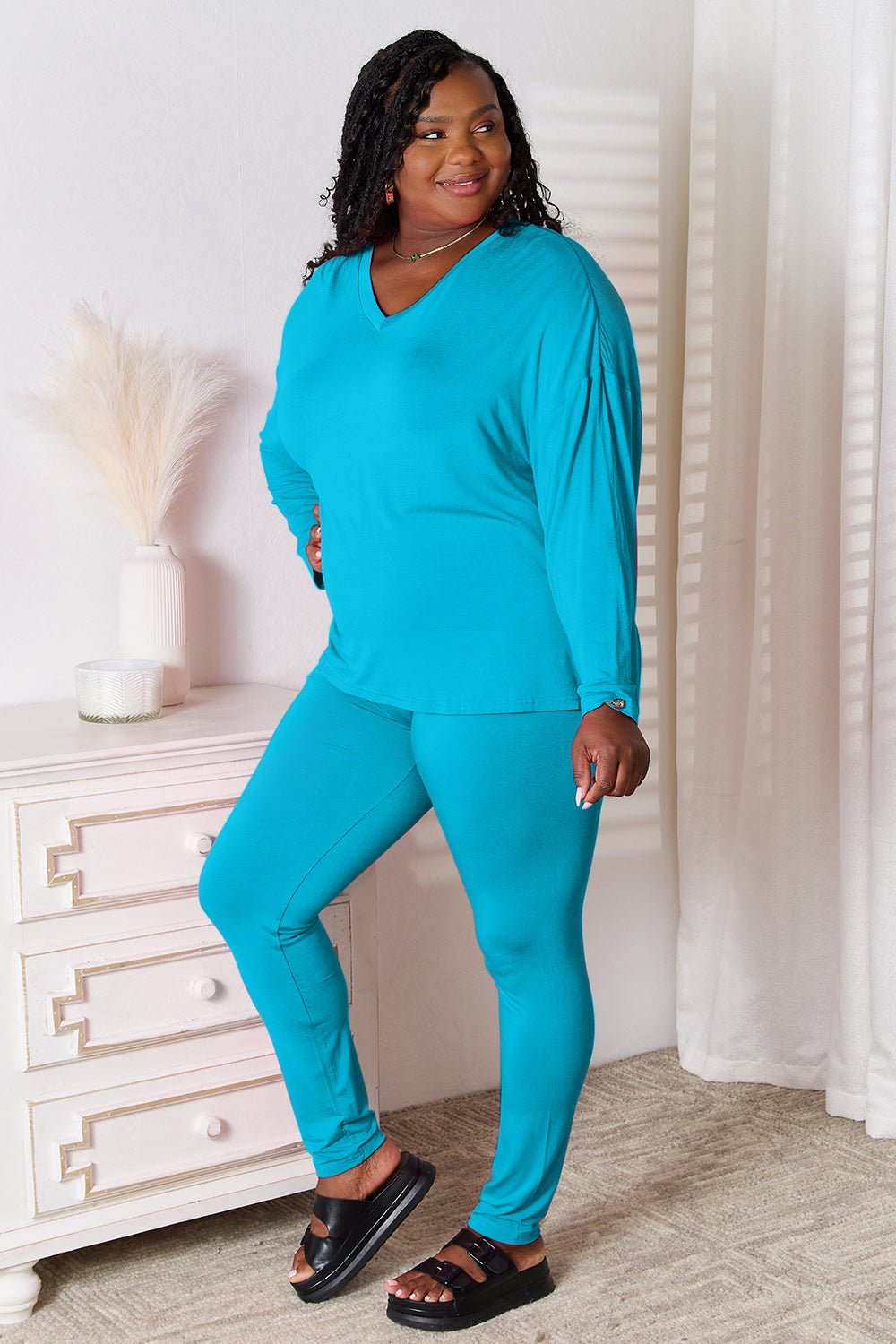 Basic Bae Full Size V-Neck Soft Rayon Long Sleeve Top and Pants Lounge Set - Rooted & Reckless Co.