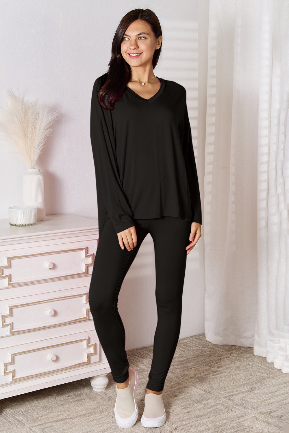Basic Bae Full Size V-Neck Soft Rayon Long Sleeve Top and Pants Lounge Set - Rooted & Reckless Co.