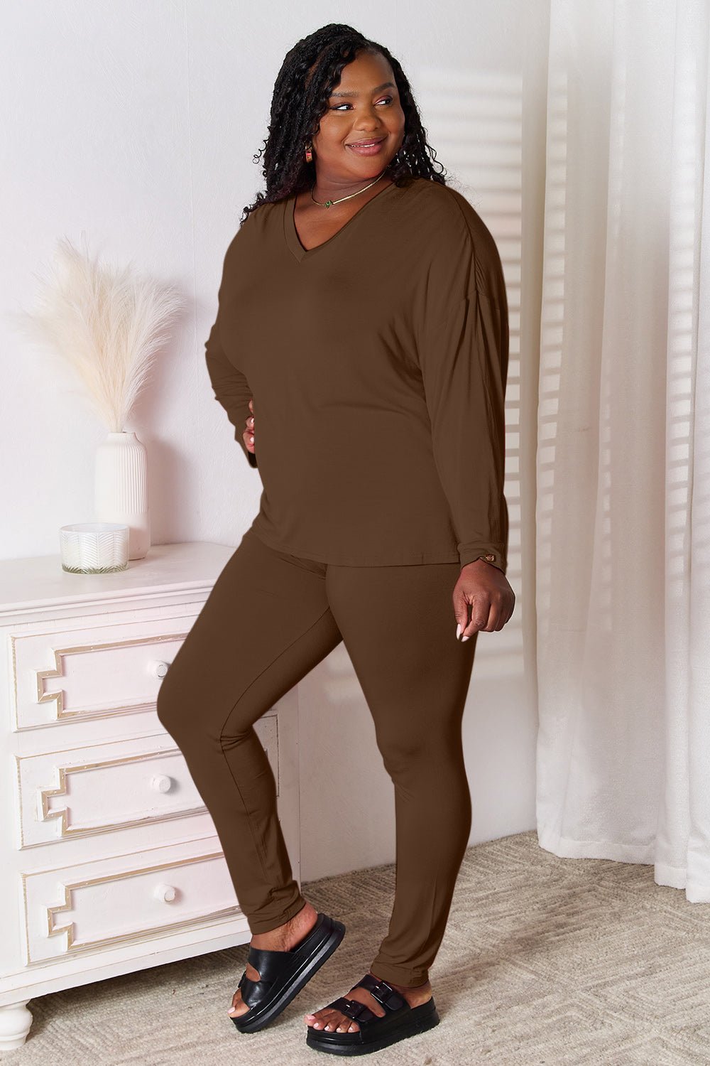 Basic Bae Full Size V-Neck Soft Rayon Long Sleeve Top and Pants Lounge Set - Rooted & Reckless Co.