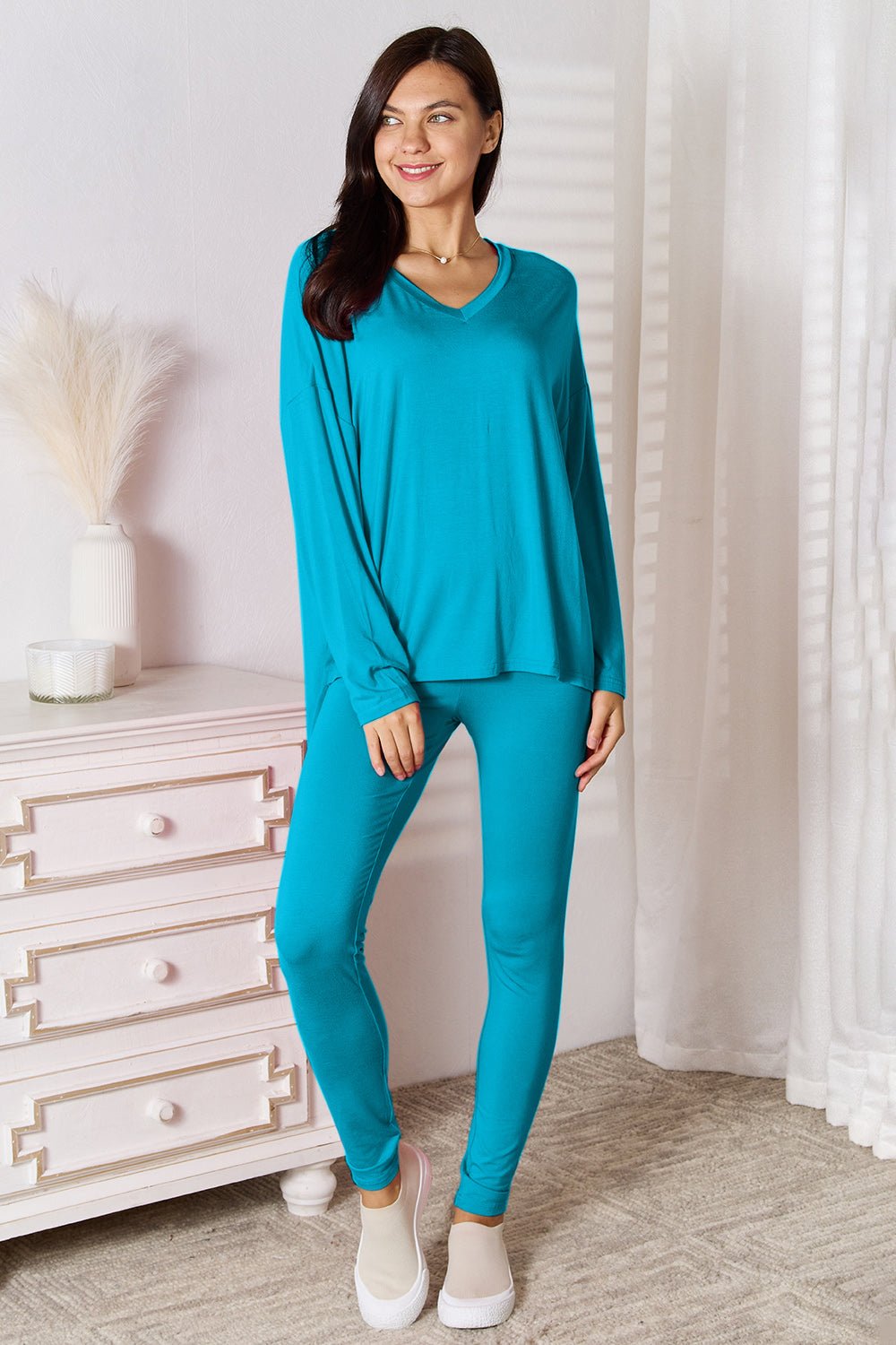 Basic Bae Full Size V-Neck Soft Rayon Long Sleeve Top and Pants Lounge Set - Rooted & Reckless Co.