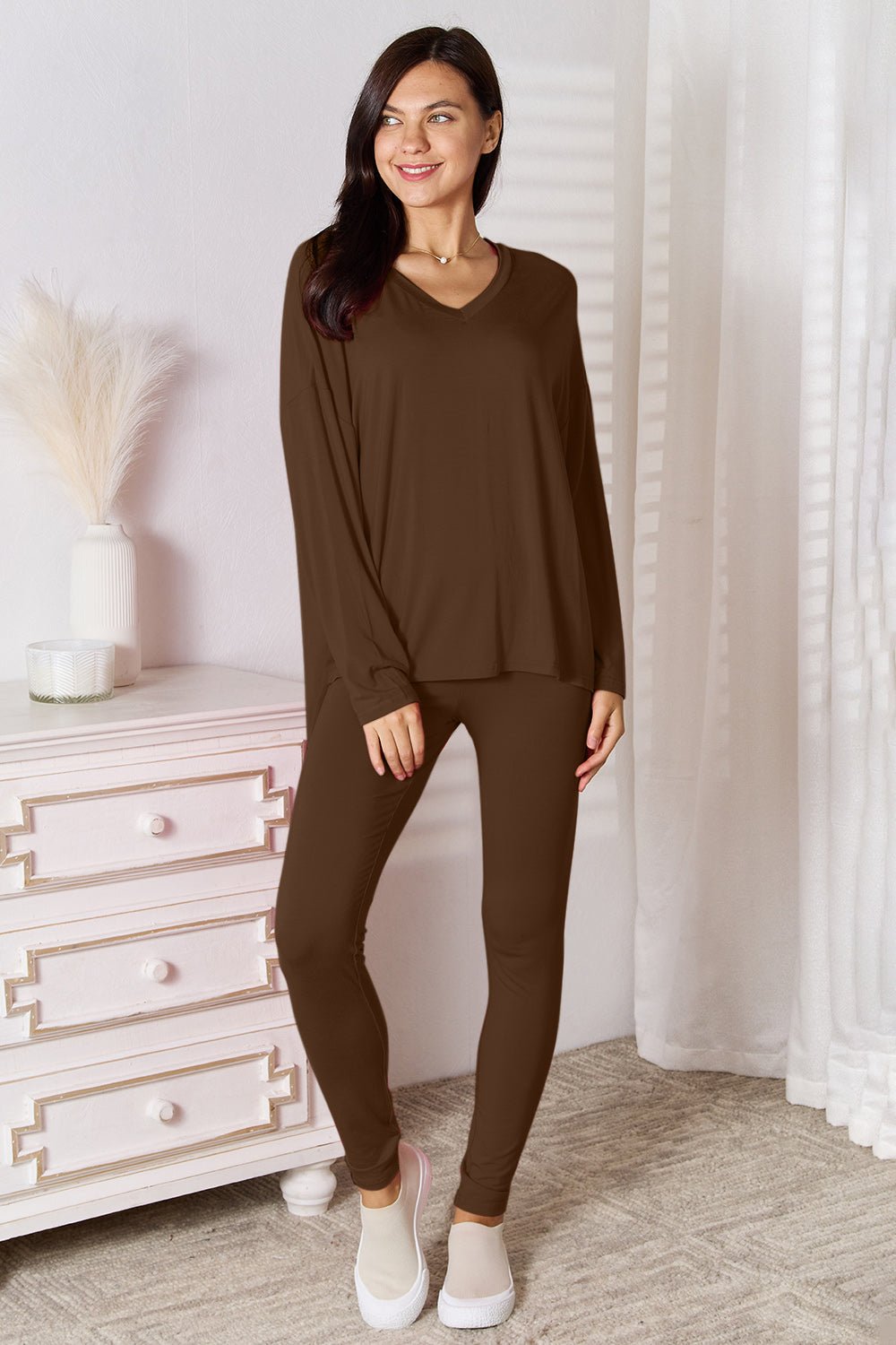 Basic Bae Full Size V-Neck Soft Rayon Long Sleeve Top and Pants Lounge Set - Rooted & Reckless Co.