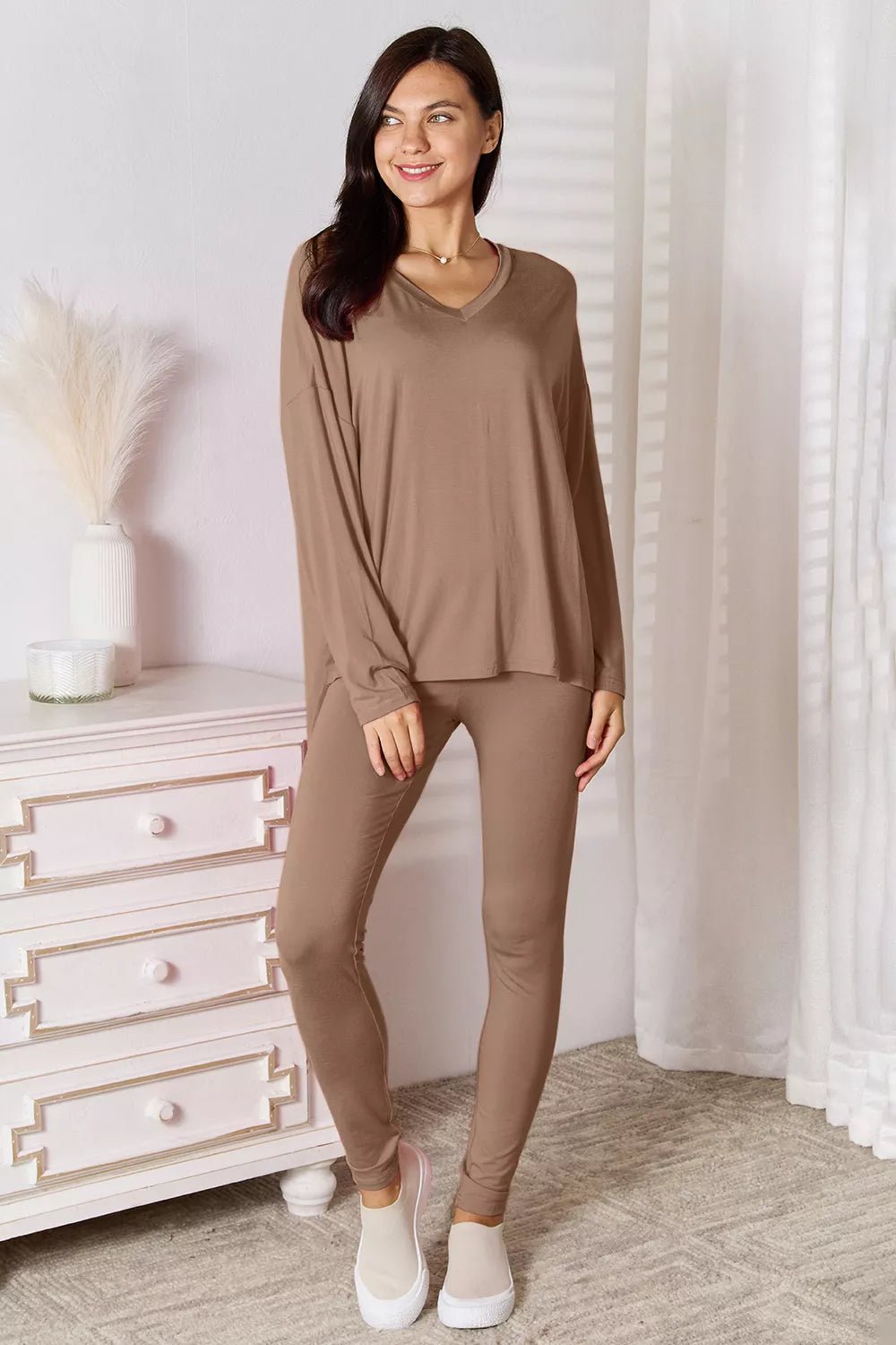 Basic Bae Full Size V-Neck Soft Rayon Long Sleeve Top and Pants Lounge Set - Rooted & Reckless Co.