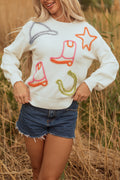 Western Tinsel Boots Crew Neck Sweater