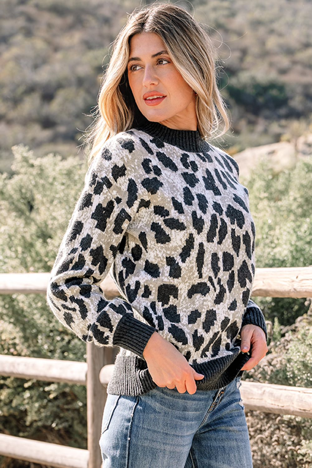 Leopard Contrast Trim Drop Shoulder Sweater