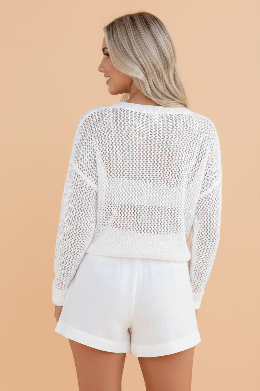 BEACH Chenille Letter Hollow Out Knit Sweater - Rooted & Reckless Co.