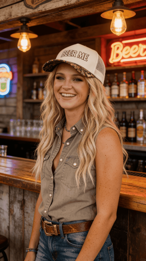 "Beer Me" Embroidered Trucker Hat — Leopard or Camo with Adjustable Strap & Breathable Mesh - Rooted & Reckless Co.