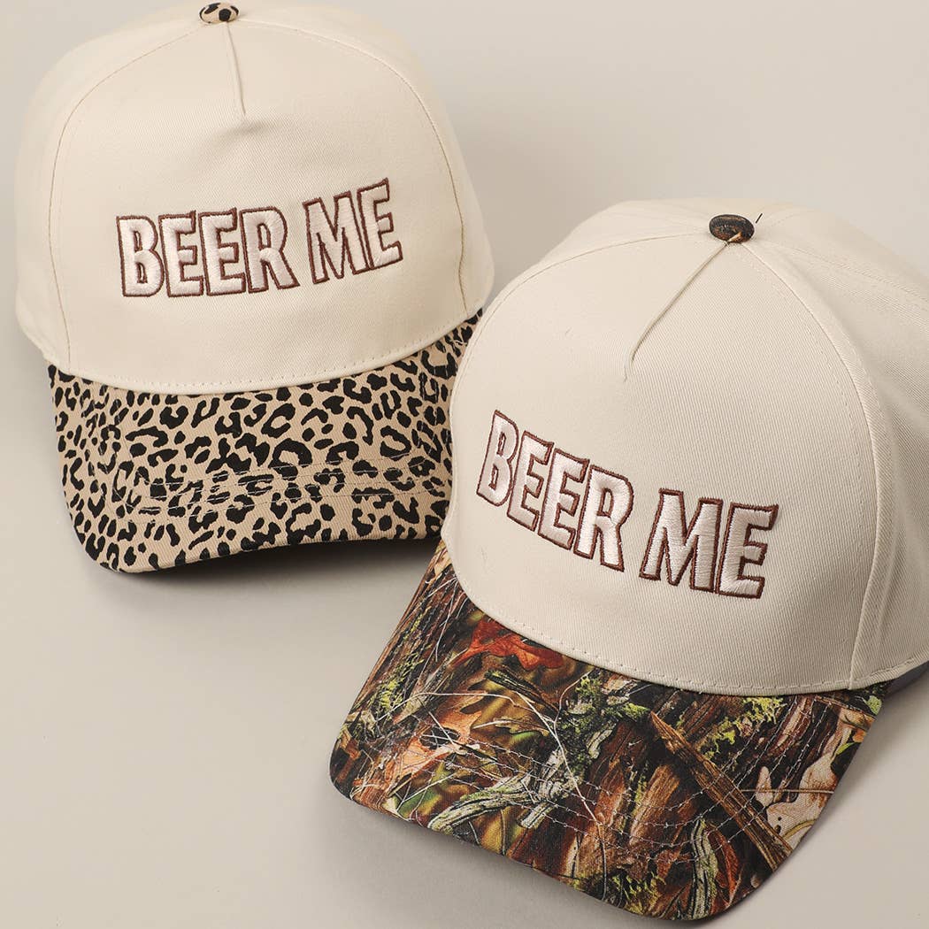 "Beer Me" Embroidered Trucker Hat — Leopard or Camo with Adjustable Strap & Breathable Mesh - Rooted & Reckless Co.