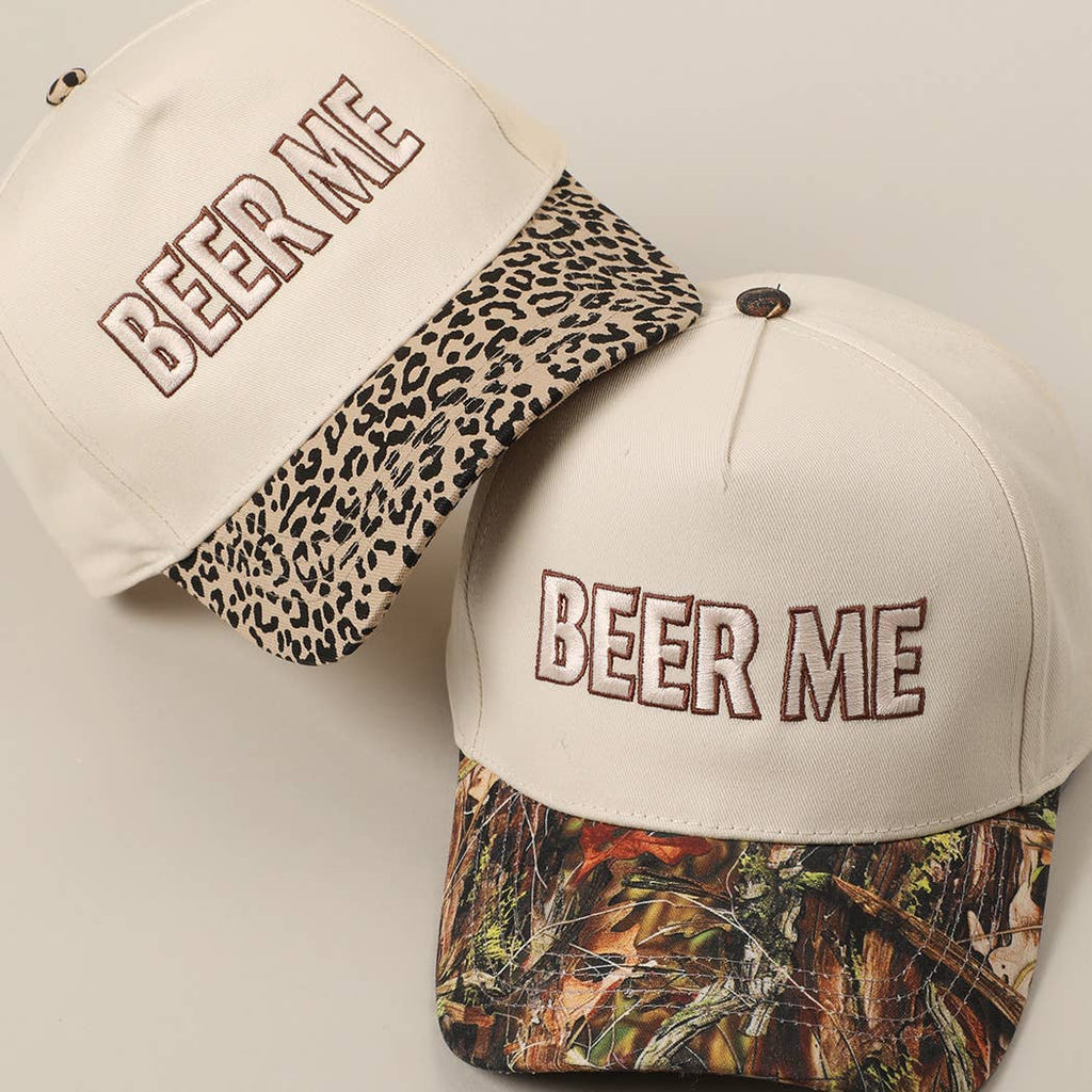"Beer Me" Embroidered Trucker Hat — Leopard or Camo with Adjustable Strap & Breathable Mesh - Rooted & Reckless Co.