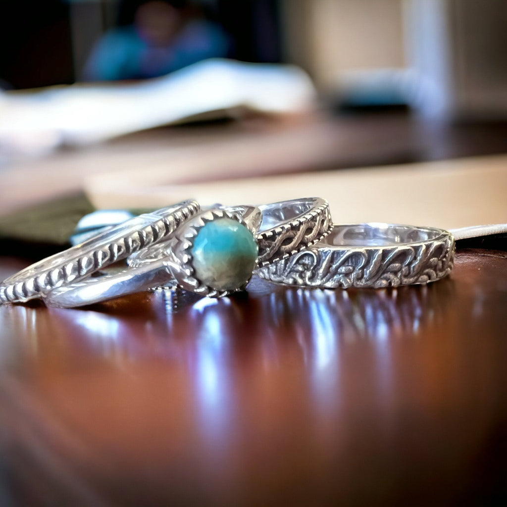 Betty Kingman Turquoise Sterling Silver Stacker Ring Set — Set of 4 Rings, Size 7 - Rooted & Reckless Co.