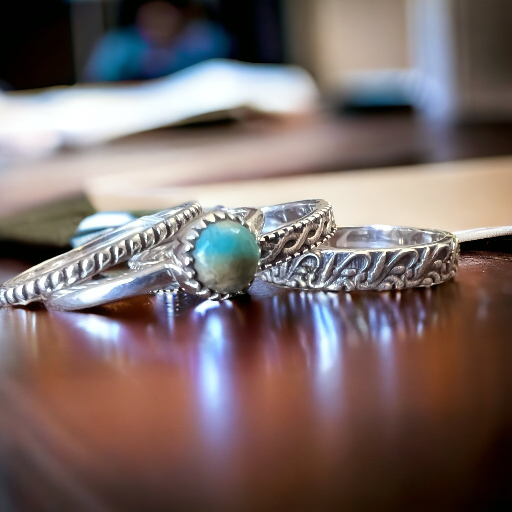 Betty Kingman Turquoise Sterling Silver Stacker Ring Set — Set of 4 Rings, Size 7 - Rooted & Reckless Co.