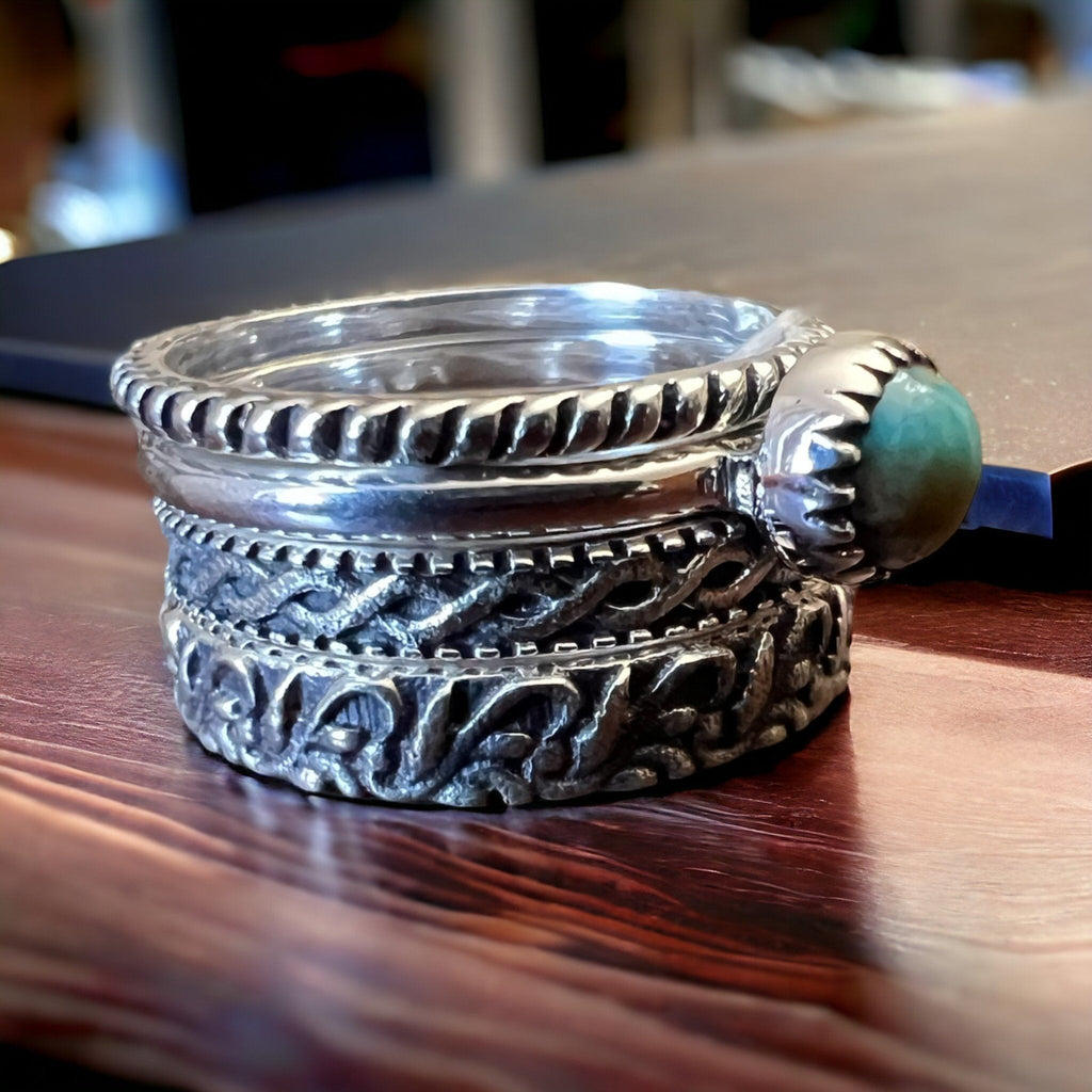 Betty Kingman Turquoise Sterling Silver Stacker Ring Set — Set of 4 Rings, Size 7 - Rooted & Reckless Co.