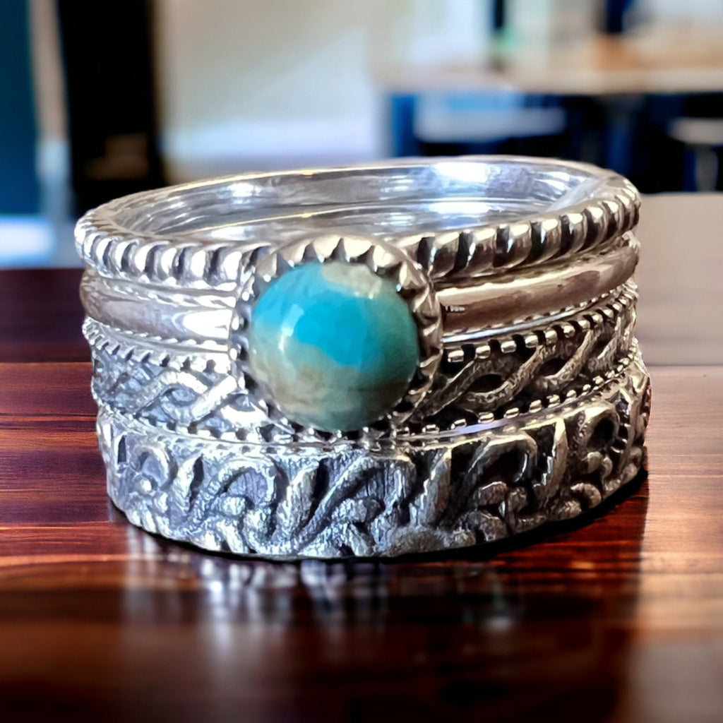 Betty Kingman Turquoise Sterling Silver Stacker Ring Set — Set of 4 Rings, Size 7 - Rooted & Reckless Co.
