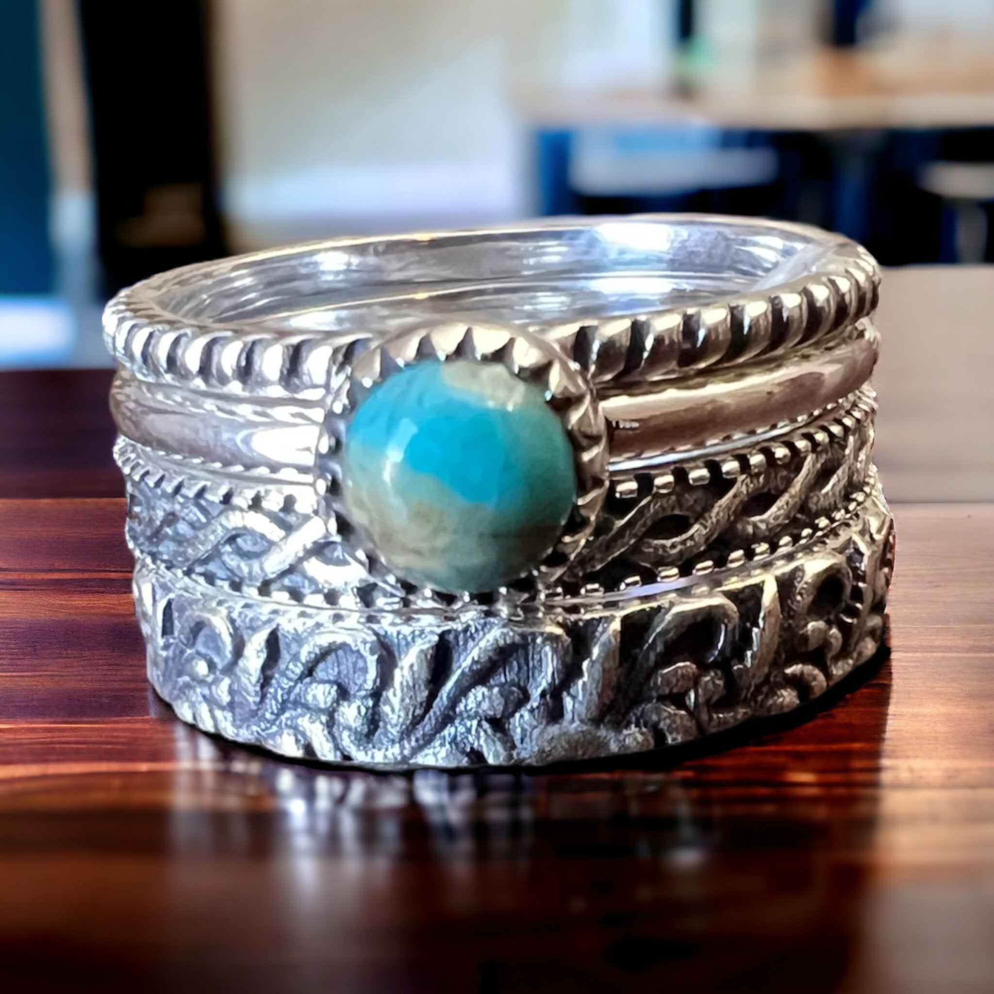 Betty Kingman Turquoise Sterling Silver Stacker Ring Set — Set of 4 Rings, Size 7 - Rooted & Reckless Co.
