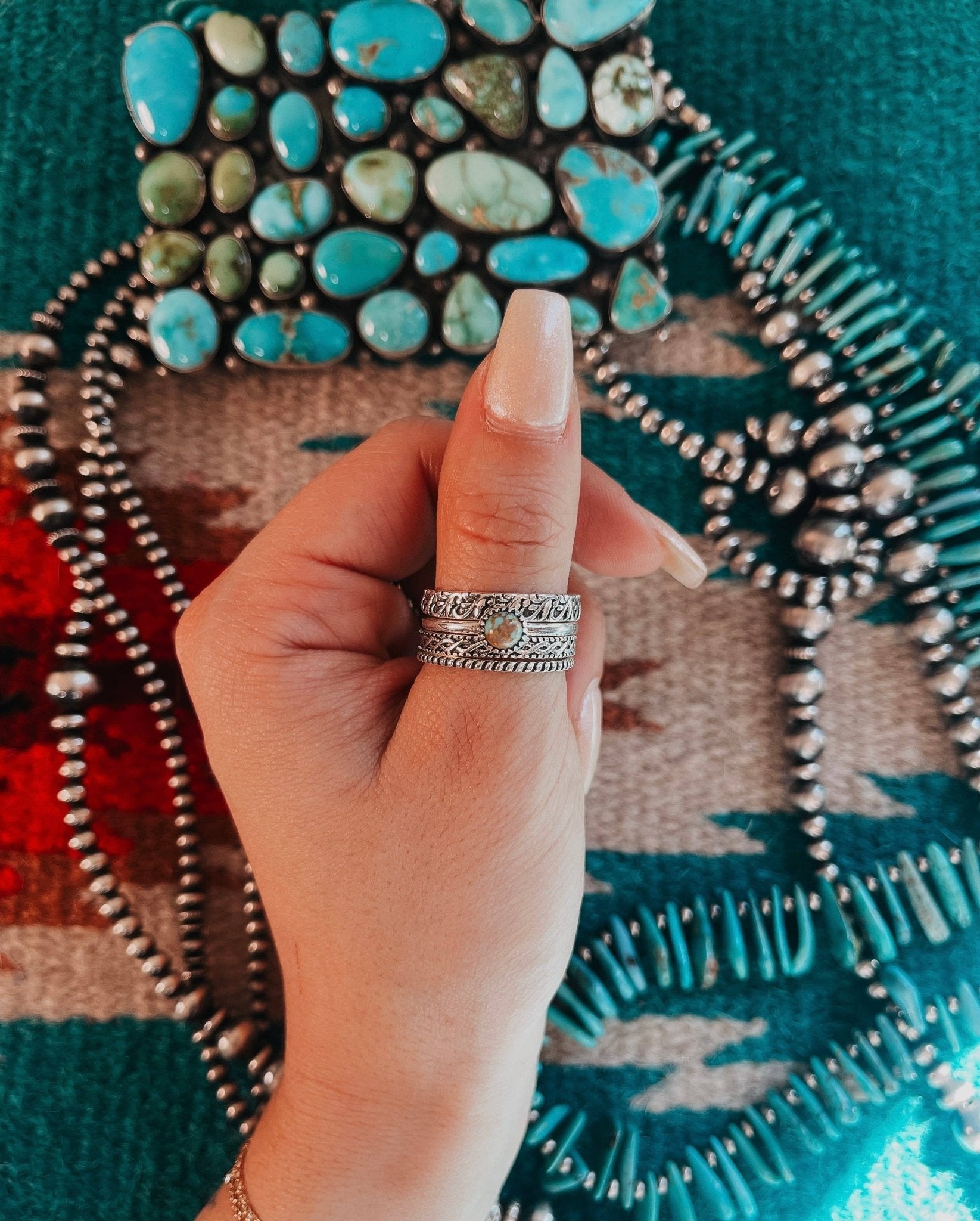 Betty Kingman Turquoise Sterling Silver Stacker Ring Set — Set of 4 Rings, Size 7 - Rooted & Reckless Co.