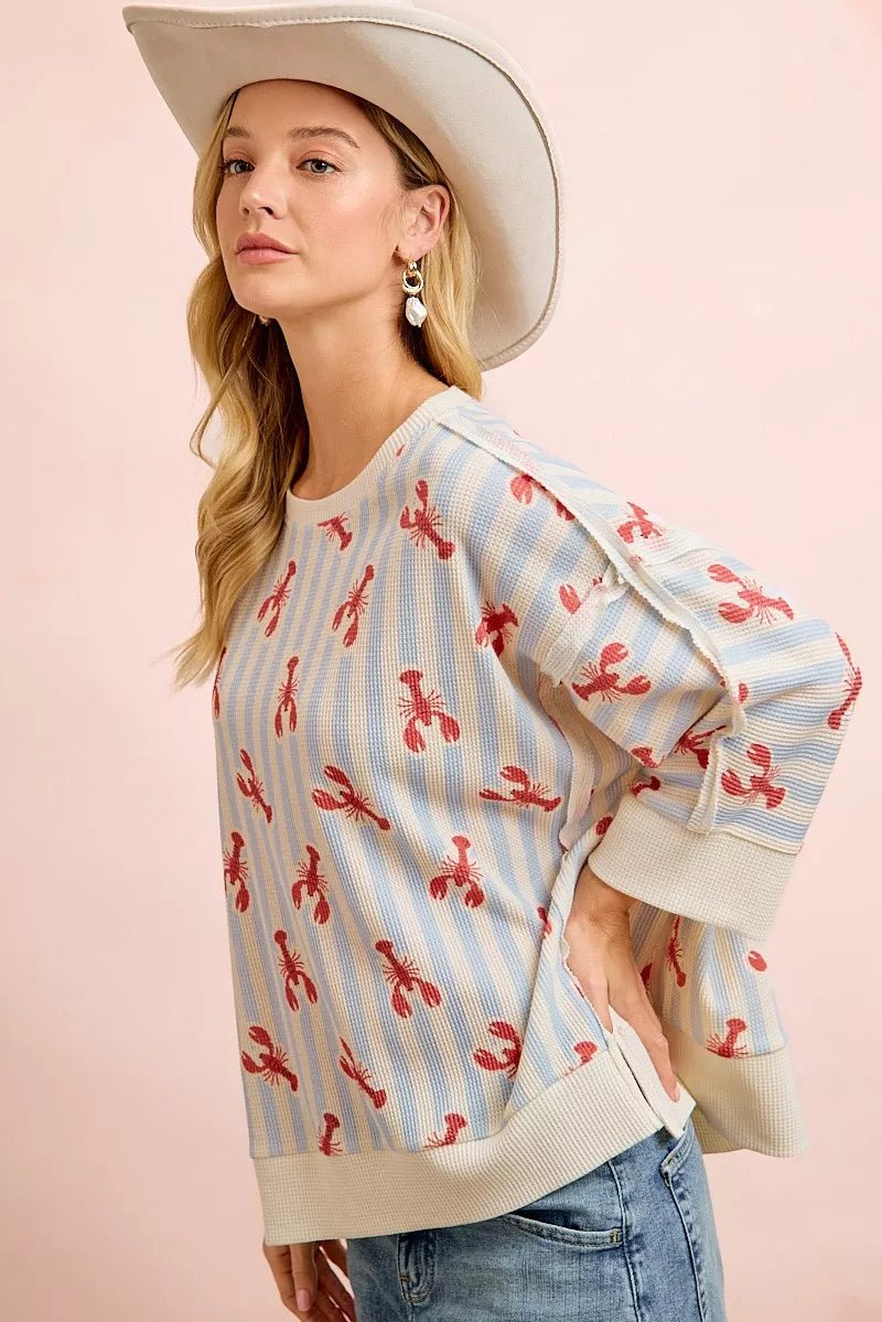 BiBi 4th Of July Lobsters Stripe Waffle Knit Sleeve Top - Rooted & Reckless Co.