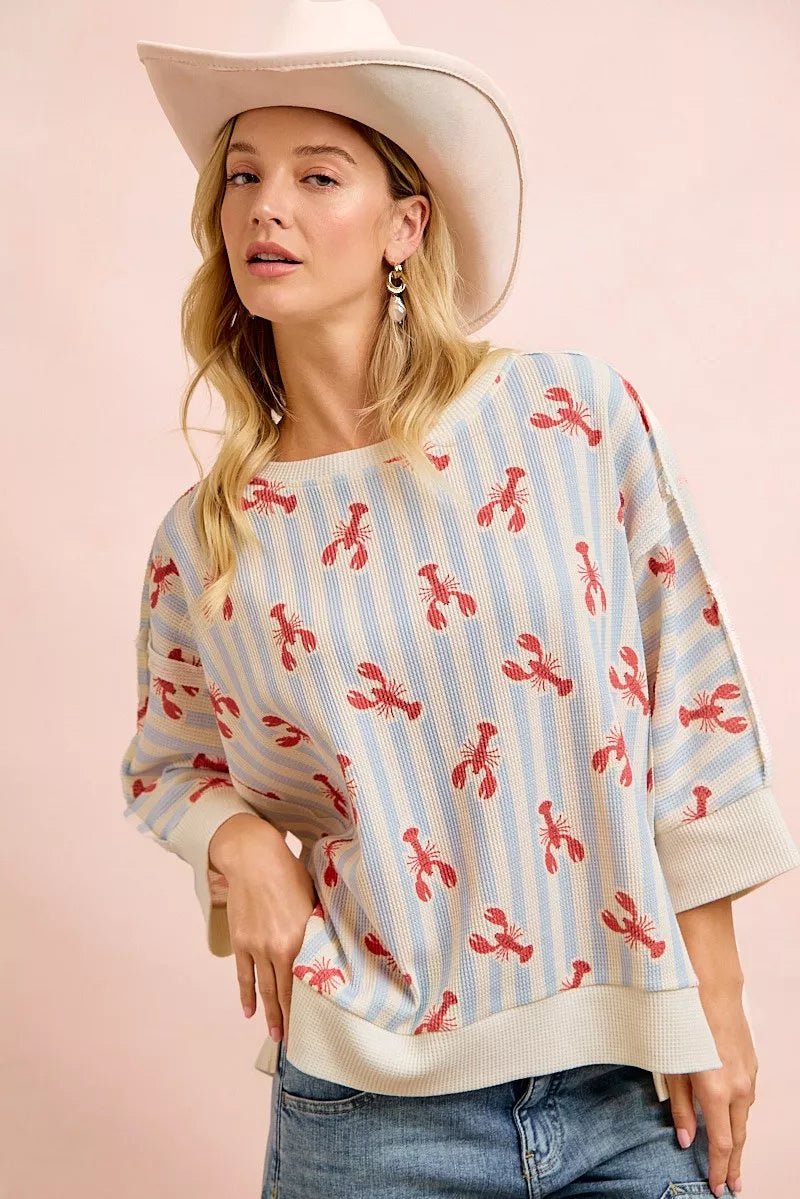 BiBi 4th Of July Lobsters Stripe Waffle Knit Sleeve Top - Rooted & Reckless Co.