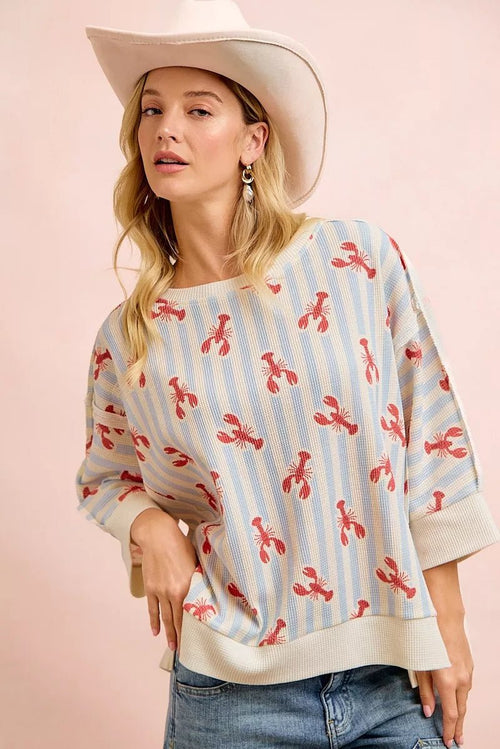 BiBi 4th Of July Lobsters Stripe Waffle Knit Sleeve Top - Rooted & Reckless Co.