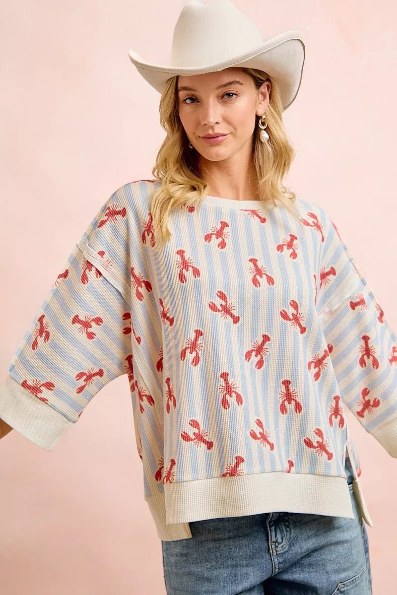 BiBi 4th Of July Lobsters Stripe Waffle Knit Sleeve Top - Rooted & Reckless Co.