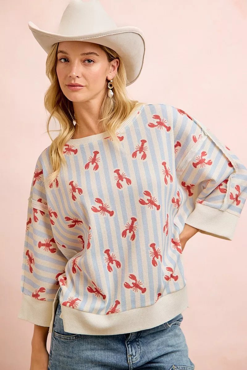 BiBi 4th Of July Lobsters Stripe Waffle Knit Sleeve Top - Rooted & Reckless Co.